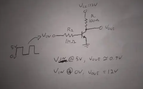 Schema di un circuito con transistor, resistori e segnale di ingresso a onda quadra. Mostra i valori di Vout per Vin a 5V e 0V, illustrando il comportamento dei transistor equivalenti.