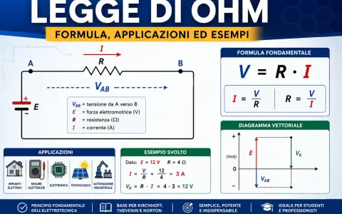Schema elettrico che illustra la legge di Ohm, con formule, applicazioni e un esempio pratico.