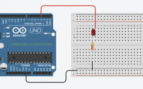 Schema di collegamento per lezioni Arduino: un LED e una resistenza collegati a un Arduino Uno tramite breadboard.