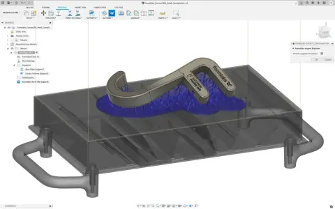 Modello 3D di un gancio con supporti reticolari, pronto per la stampa 3D. Interfaccia di Fusion 360 per la configurazione di esportazione Formlabs.