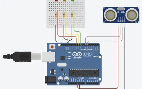 Schema di un **arduino project** con sensore a ultrasuoni HC-SR04, breadboard, LED e resistori collegati a un Arduino Uno.