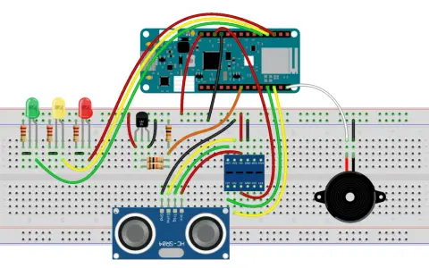 Schema di prototipazione per progetti Arduino per auto: sensore ultrasuoni, LED, buzzer e transistor su breadboard.
