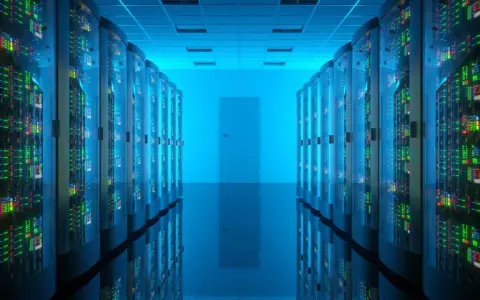 Corridoio di un data center con file di server luminosi. Qui risiede la risposta a cos'è un database: un sistema organizzato per archiviare e gestire dati.