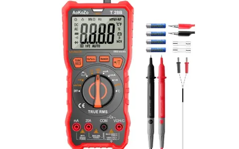 Multimetro rosso con puntali, batterie e fusibili. Utile per la prova transistor schema.