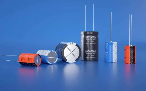 Varietà di condensatori di diverse dimensioni e colori, alcuni con etichette visibili, disposti su sfondo blu.