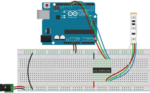 Arduino Uno collegato a una striscia led rgb tramite breadboard.
