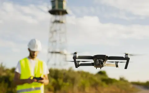 Uomo con elmetto e giubbotto alta visibilità controlla drone in volo. Potrebbe essere un corso per ottenere il patentino drone gratis Lussemburgo.