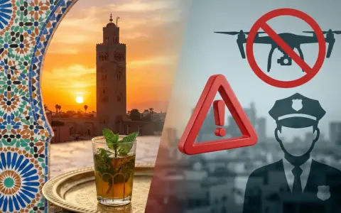 Splendido tramonto in Marocco con tè alla menta, ma attenzione: il **drone Marocco** è vietato, segnalato da un poliziotto.