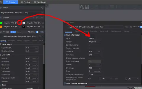 Impostazioni filamento PETG in Anycubic Slicer: tipo, fornitore e diametro.
