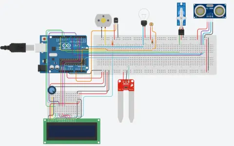 Schema di una serra domotica con Arduino, sensori di umidità, temperatura, ultrasuoni, servomotore e display LCD.