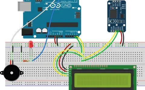 Arduino Uno con modulo ds3231, display LCD, LED e buzzer su breadboard.