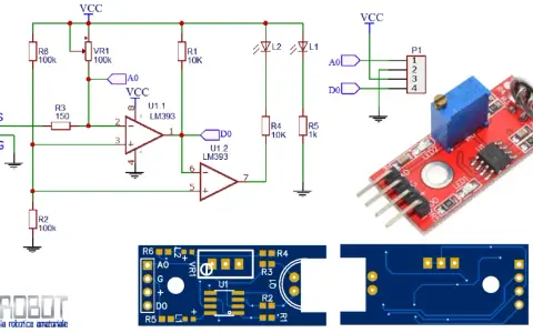 Schema con LM393 e modulo sensore sonoro per Arduino. Il circuito usa comparatori per rilevare suoni.