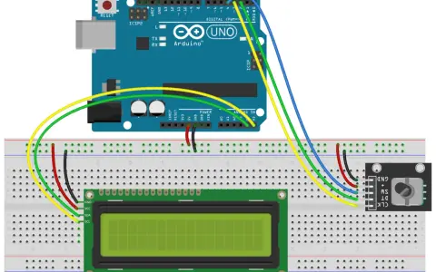 Arduino Uno collegato a un display LCD e a un encoder rotativo su breadboard.