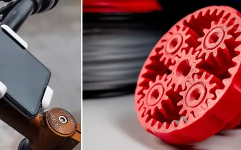 Supporto per smartphone da bicicletta stampato in ASA e un complesso ingranaggio planetario rosso, anch'esso stampato in 3D.