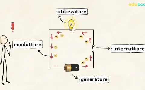Schema di elettricità per scuola media: generatore, conduttore, utilizzatore e interruttore in un circuito con elettroni.