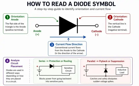 Schema del diodo ideale: identifica anodo, catodo e direzione del flusso di corrente. Illustra usi in serie e parallelo.