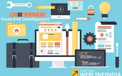 Strumenti e icone per la programmazione front end: computer, laptop con codice, valigetta, lampadina, ingranaggio, righello.