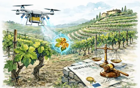 Un drone sorvola una vigna, monitorando una foglia malata. Sotto, bilancia della giustizia e normativa, per riprese con drone autorizzazioni.