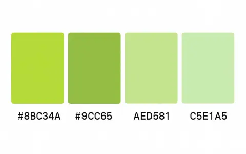Quattro tonalità di verde, dal lime brillante al pastello, con codici RGB: #8BC34A, #9CC65, AED581, C5E1A5.