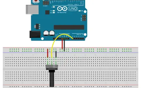 Arduino Uno collegato a un potenziometro su breadboard. Il potenziometro Arduino è pronto per essere letto.