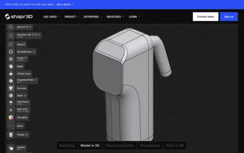 Interfaccia di Shapr3D, un software per modellazione 3D. Esplora i **programmi 3d gratis** per creare modelli come questo.