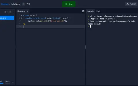 Un esempio di java tutorial italiano: codice "Hello World!" in un editor, con output nella console.
