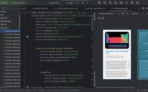 Schermata di Android Studio con codice XML per la programmazione Android. Visualizza la tavola periodica in un'app.