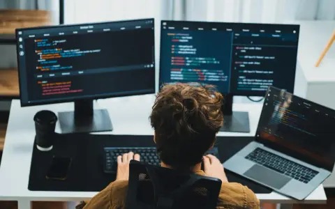 Un giovane con capelli ricci impara come diventare un programmatore, scrivendo codice su più monitor.