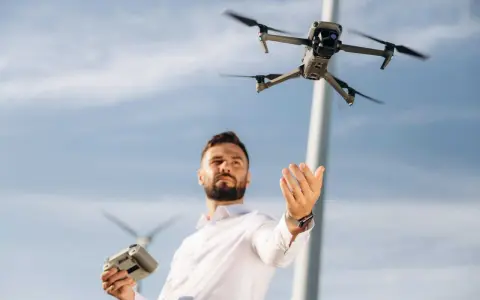 Uomo con telecomando e drone in volo, pronto per il suo patentino drone Lussemburgo.