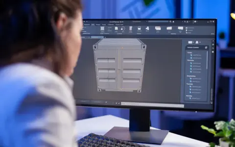 Persona lavora su un modello 3D di un container, esplorando le potenzialità della tecnologia 3D per la progettazione.
