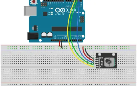 Schema di collegamento di un Arduino UNO a una breadboard con un encoder rotativo. Il **sketch Arduino** è in fase di realizzazione.