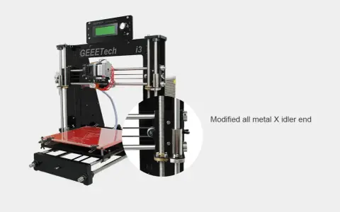 Stampante 3D Geeetech i3 Pro B con dettaglio ingrandito del supporto metallico modificato per l'asse X.