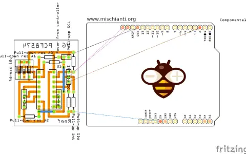 Schema di collegamento Fritzing Arduino con componenti per comunicazione I2C, inclusi resistori pull-up e pull-down.