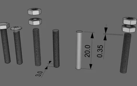 Dettagli di filettature SolidWorks: bulloni, dadi e un cilindro con misure.