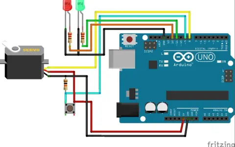 Schema di collegamento con servo, due LED, un pulsante e Arduino Uno. Il servo è collegato a un pin digitale.