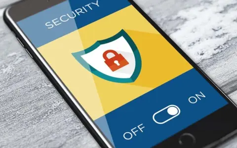 Schermo di un tablet con icona di lucchetto e testo "SECURITY". Software di protezione attivo.