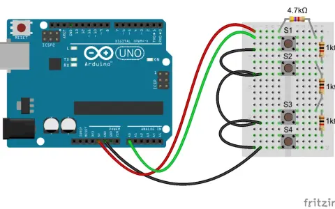 Un pin Arduino collegato a una breadboard con quattro pulsanti (S1-S4) e resistori.