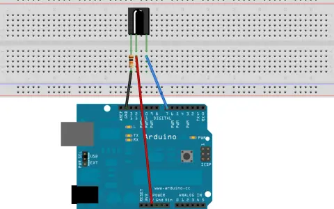 Schema di un **arduino ir transmitter** su breadboard: un diodo IR collegato a un resistore e all'Arduino tramite cavi.