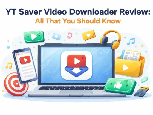 Un laptop mostra un'icona di download video, con un telefono, cuffie e una cartella di file. Un'illustrazione che promuove un yt downloader.