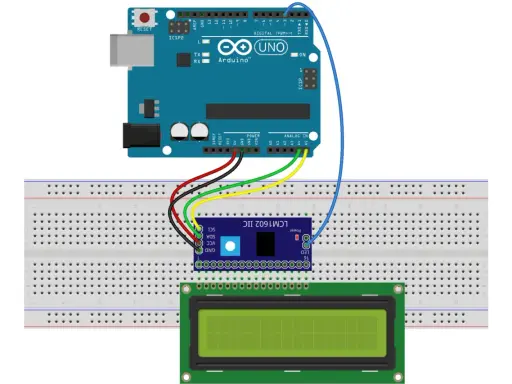 Arduino Uno collegato a un display LCD 16x2 tramite breadboard. Un modulo IIC LCM1602 facilita la connessione.