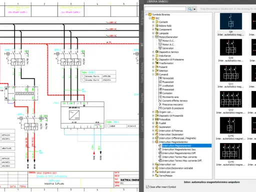 Schema elettrico con simboli IEC. Il vcc significato è "Interruttore magnetotermico unipolare", un componente di protezione.