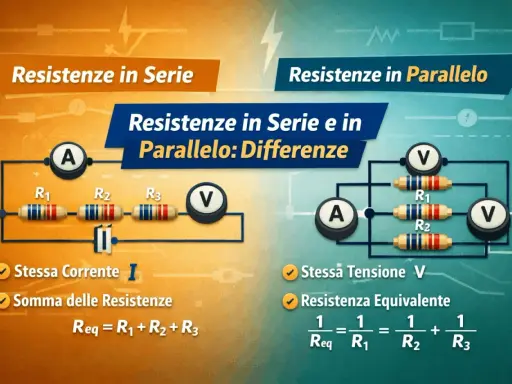 Schema elettrico che illustra le differenze tra resistenze in serie e in parallelo. La parte sinistra mostra un collegamento in serie con tre resistori e la formula per la resistenza equivalente.