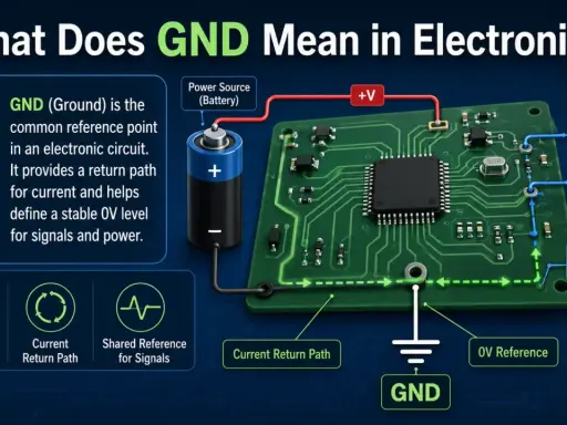 Schema elettrico che illustra il GND (massa) come punto di riferimento comune, sia positivo che negativo, per il ritorno della corrente e la stabilità dei segnali.