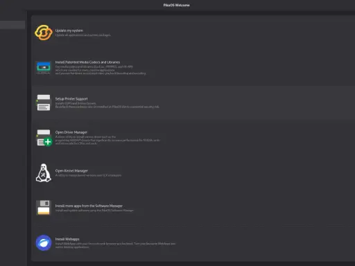 Schermata di PikaOS con opzioni di configurazione, inclusa l'installazione di driver per stampanti, un software gestione stampa free.