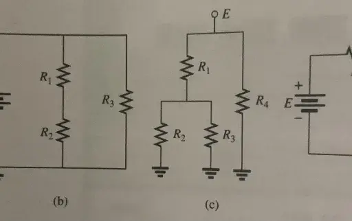 Quattro schemi elettrici con resistori e generatori. Nel circuito (a) la corrente si divide in parallelo tra R1, R2 e R3.