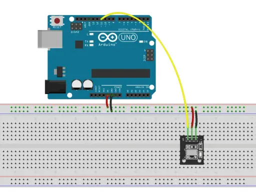 Arduino Uno collegato a un sensore IR su breadboard. Il sensore rileva segnali infrarossi.