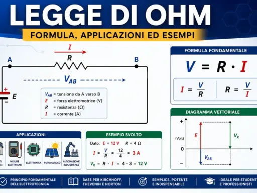Schema elettrico che illustra la legge di Ohm, con formule, applicazioni e un esempio pratico.