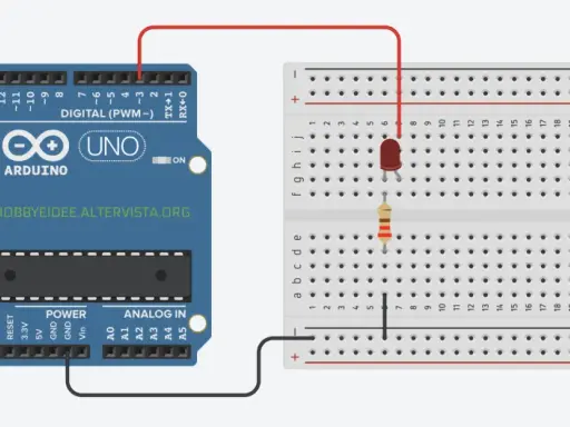 Schema di collegamento per lezioni Arduino: un LED e una resistenza collegati a un Arduino Uno tramite breadboard.