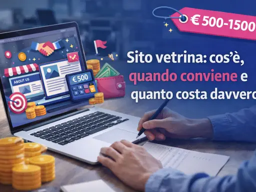 Un laptop mostra un sito vetrina con icone di affari e denaro. Il **significato** del costo di un sito vetrina, da 500 a 1500 euro, è spiegato.