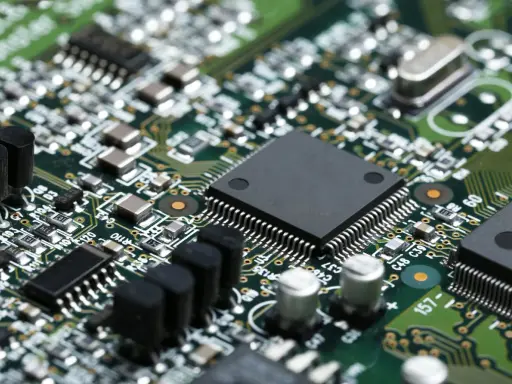 Primo piano di una scheda elettronica verde con numerosi componenti, tra cui un grande chip nero al centro, condensatori e resistori. Un'immagine dettagliata per il test componenti elettronici.